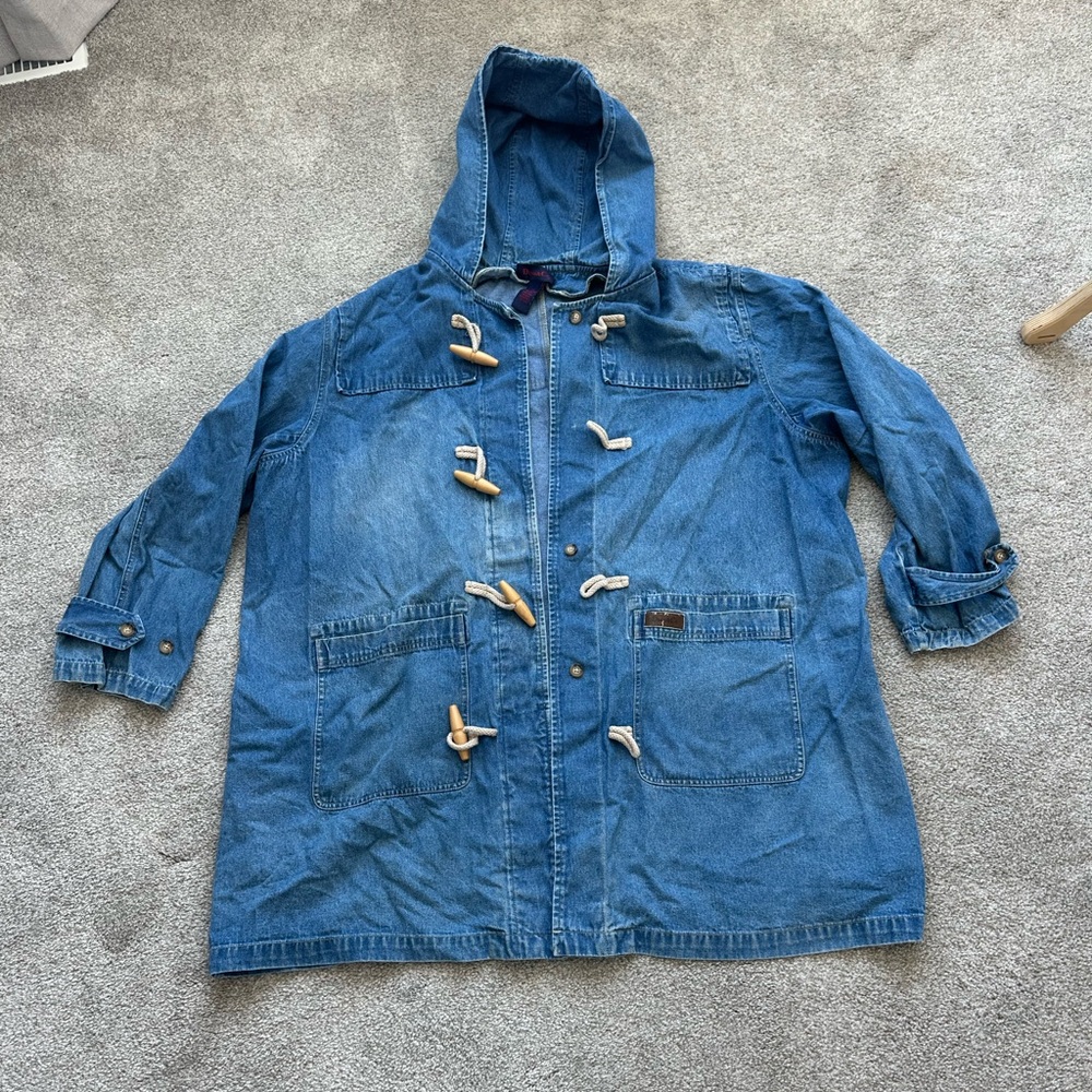 Denim&Co vintage western barn jean jacket toggle wood button down duffle coat
